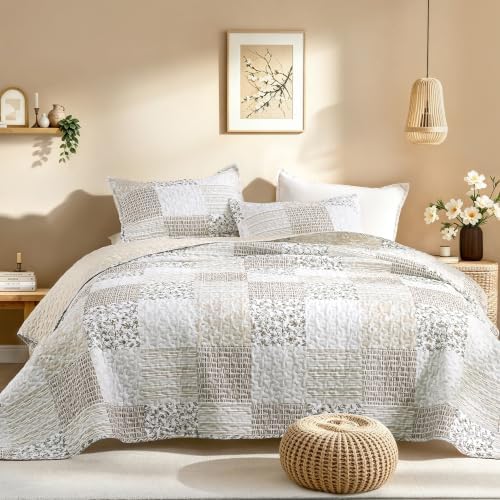 Litanika Floral Beige Quilt Queen - 3Pcs Botanical Birds Bedding Set