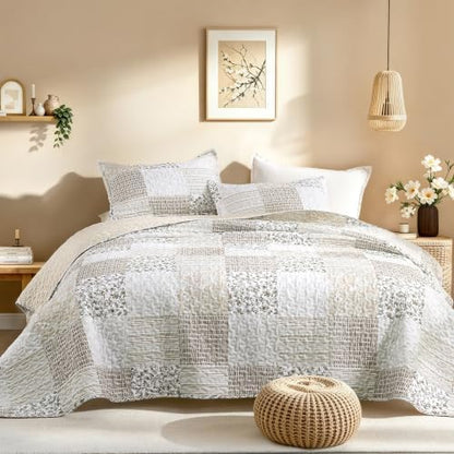Litanika Floral Beige Quilt Queen - 3Pcs Botanical Birds Bedding Set