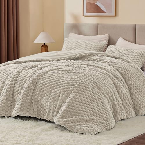 BEDELITE Fluffy King Size Comforter Set, Linen Fleece Bed Set 3 Pieces