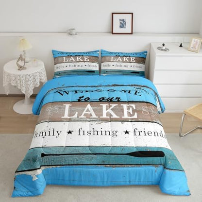 Manfei Rustic Lake Comforter Set King Size, Lake Camping Bedding Set 3pcs for Kids Boys Teens Bedroom Decor, Vintage Wooden Stripe Print Quilt Set with 2 Pillowcases, Farmhouse Duvet Set