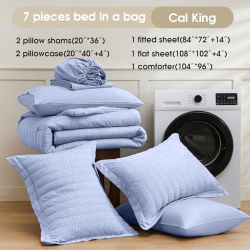 FreshCulture Comforter Set Seersucker 7 Pieces, All Season Bedding Set California King, Bed in a Bag Set with 1 Comforter, 1 Flat Sheet, 1 Fitted Sheet, 2 Pillowcases and 2 Pillow Shams, Baby Blue