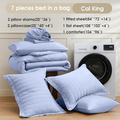FreshCulture Comforter Set Seersucker 7 Pieces, All Season Bedding Set California King, Bed in a Bag Set with 1 Comforter, 1 Flat Sheet, 1 Fitted Sheet, 2 Pillowcases and 2 Pillow Shams, Baby Blue