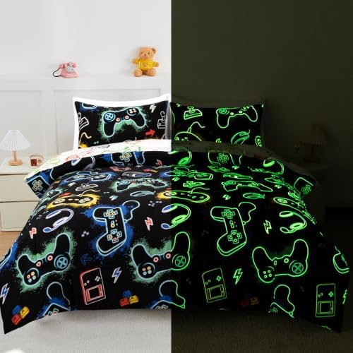 NTBED 5Pcs Glow in The Dark Kids Comforter Set Gaming Queen Bedding Set