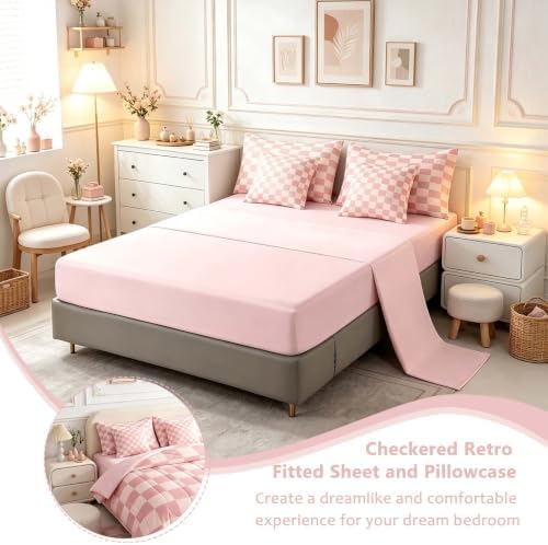 Feelyou Checkered Retro 7 Piece Bedding Set Teen Women Men Pink Gradient Plaid Comforter Set with Sheets Twin Size Kids Boys Geometric Vintage Bed in a Bag Modern Simple Groovy Aesthetic Room Decor