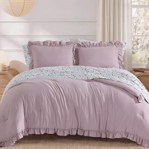 BLOOMHAVEN Full Size Comforter Sets-7 Pieces Ruffle Bedding Floral Sheet