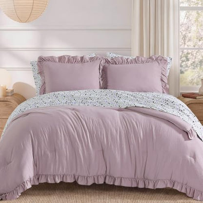 BLOOMHAVEN King Size Comforter Set-7 Pieces Ruffle Bedding Floral Sheet