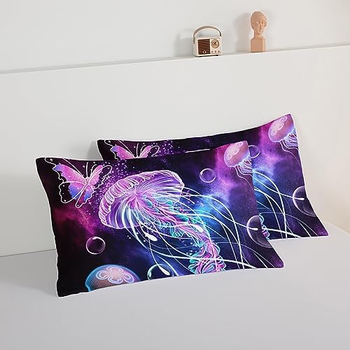 HOSIMA Jellyfish Printed Twin Comforter Ocean Theme Bedding Set 3 Piece,Universe Starry Sky Comforter Twin Bed in a Bag Galaxy Bedding Room Decor Butterfly Comforter for Kids Teens Adult.
