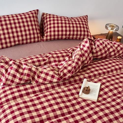 LifeTB Red Gingham Duvet Cover Twin XL, 100% Washed Cotton Vintage Plaid Checkered Comforter Cover, 3 Piece Farmhouse Grid Plaid Duvet Cover, Breathable Soft Chic Gingham Bedding Set Twin XL