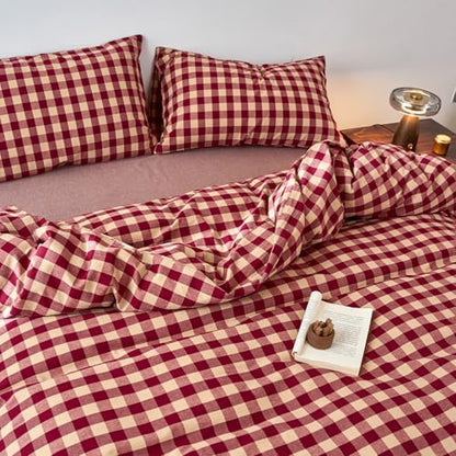 LifeTB Red Gingham Duvet Cover Twin XL, 100% Washed Cotton Vintage Plaid Checkered Comforter Cover, 3 Piece Farmhouse Grid Plaid Duvet Cover, Breathable Soft Chic Gingham Bedding Set Twin XL