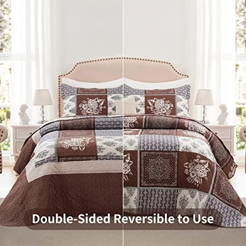 LEAONME 3 Pieces California King Size Quilt Set Brown Oversized 120x120 Inch Bedspread Coverlet Lightweight Microfiber Patchwork Bed Cover for All Seasons (1 Quilt, 2 Pillow Shams)