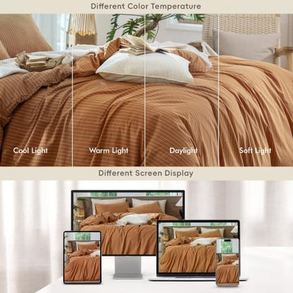 MooMee Striped Duvet Cover Set 100% Washed Cotton Linen Like King