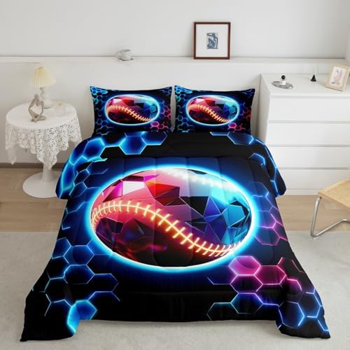 Erosebridal Baseball Bedding Sets Full - 3D Glitter Ball Pattern Comforter Set for Kids Adults Colorful Neon Honeycomb Duvet Insert Geometric Hexagon Quilt