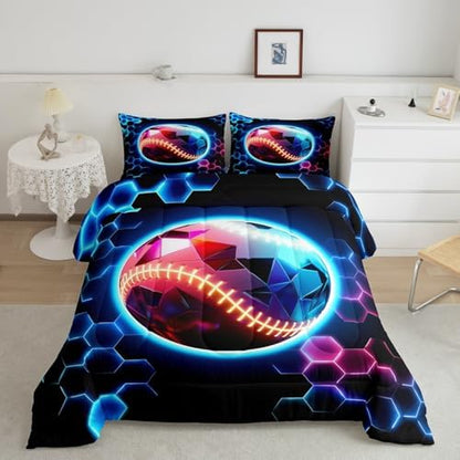 Erosebridal Baseball Bedding Sets Full - 3D Glitter Ball Pattern Comforter Set for Kids Adults Colorful Neon Honeycomb Duvet Insert Geometric Hexagon Quilt