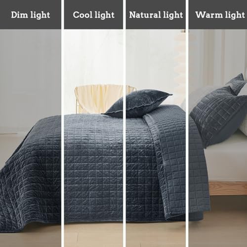 Quilt Set King Size 98x106 Luxurious Velvet Bedding Sets with 2 Pillow Shams 20x36 3 Pieces Ultra Soft Quilted Bedspread Coverlet Comforter for All Season,Grey Blue