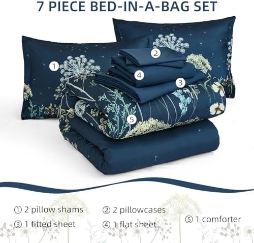 Yiran Navy Blue Floral Comforter Set King Size, 7 Piece Dandelion Botanical Spring Comforter Bedding Set, Bed in a Bag King, Soft Microfiber Complete Bedding Set with Sheets for All Season