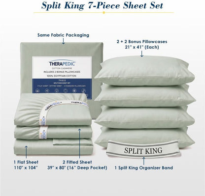 Therapedic 100% Egyptian Cotton 7 Piece Split King Sheets Set (Sage)