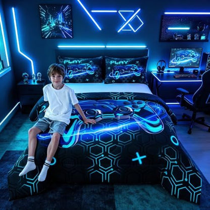 Feelyou Gamer Kids Comforter Set Toddler Size Gaming Bedding Set Game Room Decor Duvet Quilt for Kids Boys Girls Bedroom Gamepad Decor Blue Microfiber Ultra Soft Breathable