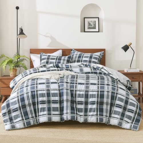 Andency Navy Plaid Comforter Set Queen, Gingham Checkered Grid Bedding Set