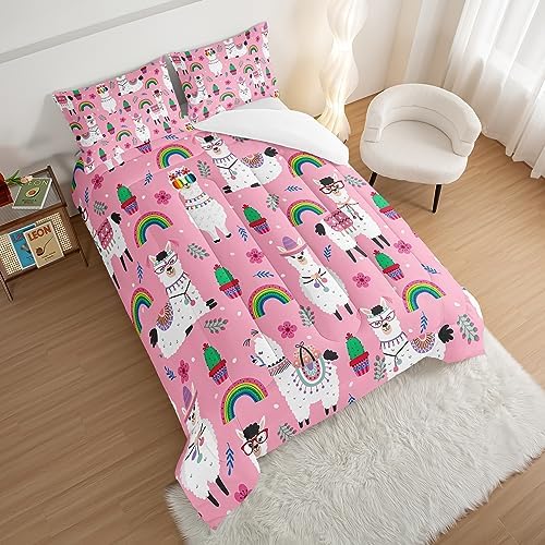 HOSIMA Kids Girls Pink Comforter with 2 Pillowcases,Cute Llama Alpaca Bed in a Bag Queen Comforter Set Animal Bedding Sets for Room Decor,Rainbow Cactus Flower Toddler Comforter Kawaii Bedding.