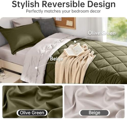 MUXHOMO 5 Pieces Twin XL Comforter Set, Reversible Bed in a Bag Twin XL Size, All Season Bedding Set with Comforter, Flat Sheet, Fitted Sheet, Pillowcases & Shams, Olive Green & Beige