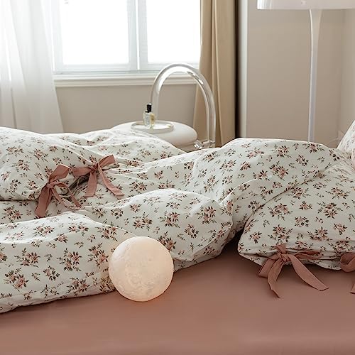 mixinni Vintage Style Girls Pale Pink Flower Pattern Duvet Cover King Soft Aesthetic Floral Cotton Bedding Set 1 Duvet Cover with 2 Bow Tie Pillowcases for Teen Girl Cute-King Size