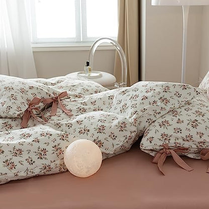 mixinni Vintage Style Girls Pale Pink Flower Pattern Duvet Cover King Soft Aesthetic Floral Cotton Bedding Set 1 Duvet Cover with 2 Bow Tie Pillowcases for Teen Girl Cute-King Size