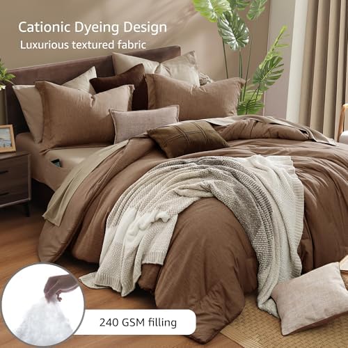 Monbix Oversized King Comforter Set 7 Pieces Brown Bed in a Bag