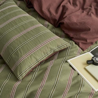 mixinni Vintage Olive Green Striped Duvet Cover Set King, 100% Cotton Yarn-Dyed Jacquard Bedding 3 Pieces, Reversible Design Retro Terracotta Comforter Cover with Zipper & Corner Ties