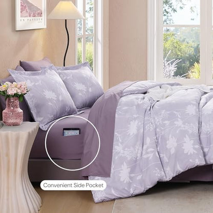 BLOOMHAVEN Full Size Comforter Sets-7 Pieces Purple Floral Bed in a Bag