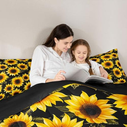 Black Sunflowers Comforter Set Yellow 3D Floral Flowers Comforter Yellow Sunflower Printed Black Reversible Down Comforter Boys Girls Botanical Bedding Sets with 2 Pillowcases (Full,Sunflower)