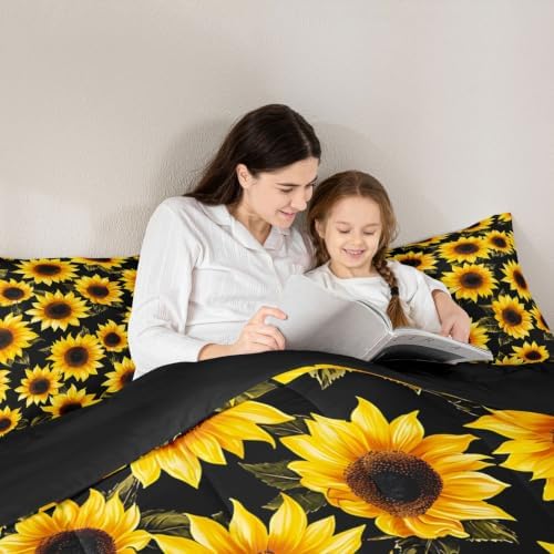 3D floral Comforter Set Queen for Kids Girls Women Yellow Flowers Bedding Set Sunflower Pattern Decor Quilted Duvet Set Botanical Floral Print on Black Down Comforter Garden Bloom Bed with pillowcases