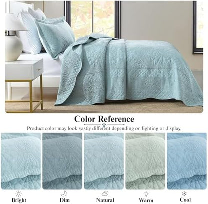 MarCielo 100% Cotton Quilt Set - 3-Piece Embroidered Farmhouse Bedspread & Shams, All-Season Breathable Bedding (Tf Aruba Blue, King)