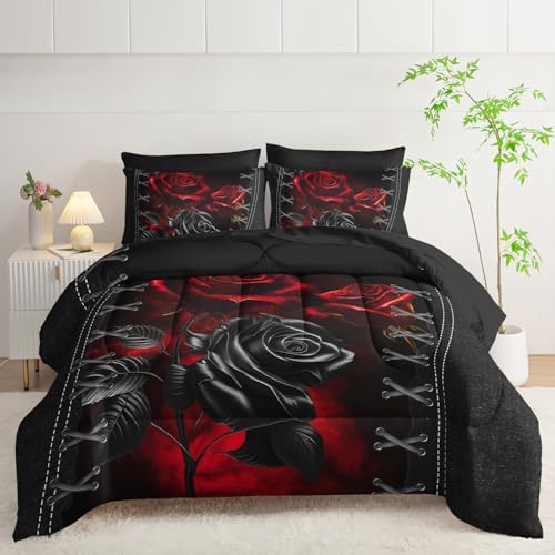 AILONEN Black and Red Rose Comforter Set Full,7-Piece Flower Bed in a Ba,Soft Comforter & Fitted Sheet with Flat Sheet & 2 Pillowcases,2 Pillow Shams for Bedroom