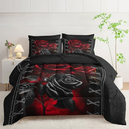 AILONEN Black and Red Rose Comforter Set Queen,7-Piece Flower Bed in a Ba,Soft Comforter & Fitted Sheet with Flat Sheet & 2 Pillowcases,2 Pillow Shams for Bedroom