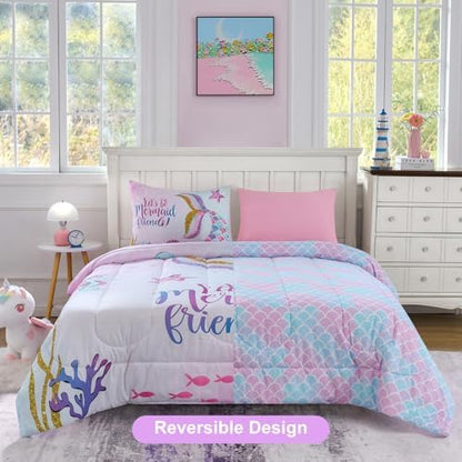 Cokouchyi Twin Size Comforter Set for Girls, 5-Piece Bed in a Bag, 3D Colorful Mermaid Bedding Comforter Sheet Set, Ultra Soft and Fluffy, Mermaid