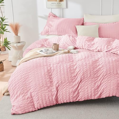 HYMOKEGE Pink/Ivory California King Comforter Set Seersucker 7 Pieces, All Season Luxury Bed in a Bag for Bedroom, Bedding Set with Comforter, Sheets, Pillowcases & Shams