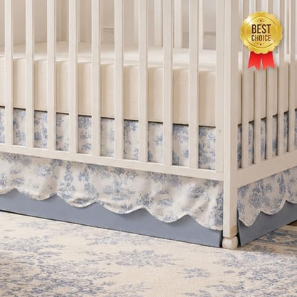 Brandream Scallop Edge Organic Cotton Crib Skirt, Baby Girl, Gender Neutral Crib Skirt Toddler Bedskirt French Country Toile Farmhouse Chic Nursery Crib Bed Skirt 2-Tiered with Solid Blue Skirt