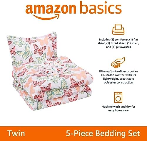 Amazon Basics 5-Piece Soft Microfiber Kid's Bed-in-a-Bag Bedding Set with Comforter, Sheets, Sham and Pillowcase, Twin, Butterfly Friends