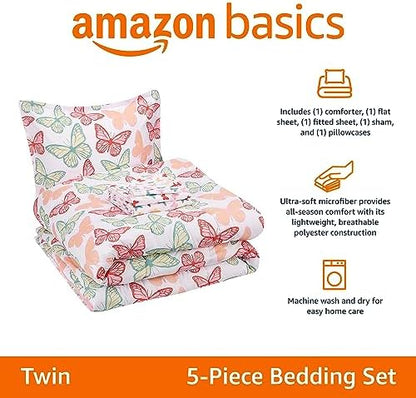Amazon Basics 5-Piece Soft Microfiber Kid's Bed-in-a-Bag Bedding Set with Comforter, Sheets, Sham and Pillowcase, Twin, Butterfly Friends