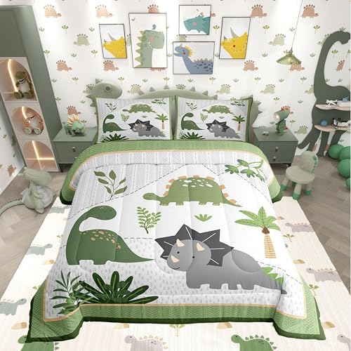 Cartoon Dinosaur Kids Comforter Set King Size,Cute Jungle Wildlife Animals Down Alternative Child Bedroom Decor,Tree Plants Cartoon Paint Print Ultra Soft Inner Fill 3 Pcs Bedding with 2 Pillowcases