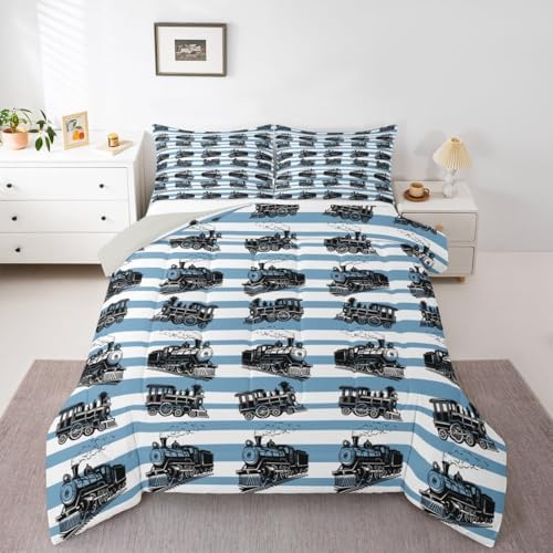 Feelyou Retro Train Comforter Set King Size Vintage Steam Locomotive Down Bedding Set for Kids Boys Girls Blue White Geometric Stripes Duvet Quilt Bedroom Decor Microfiber 3 Pcs with 2 Pillow Cases