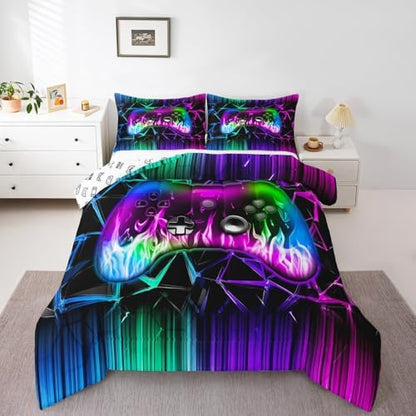 Castle Fairy Kids Gaming Bed Comforter Set Queen Size,Geometric Honeycomb Gamepad Super Soft Microfiber Bedding Set for Adults Teens,Modern Video Games Comforter Set,2 Pillowcases