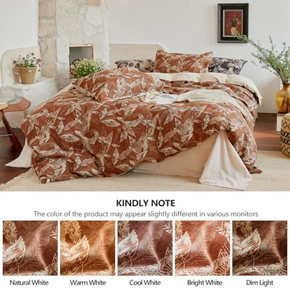 Simple&Opulence Muslin Duvet Cover Set King Size, 100% Washed Cotton 3 Pieces Yarn-Dyed Vintage Brown Floral Jacquard Textured Bedding, Soft & Breathable Gauze Comforter Cover with Zipper Closure
