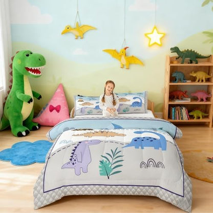 Castle Fairy Kids Dinosaur Comforter Set,Cute Wildlife Animal Down Alternative Chid Bedroom Decor,Cartoon Jungle Dino Ultra Soft Microfiber Inner Fill 3Pcs Double Sides Print Bedding Queen Size