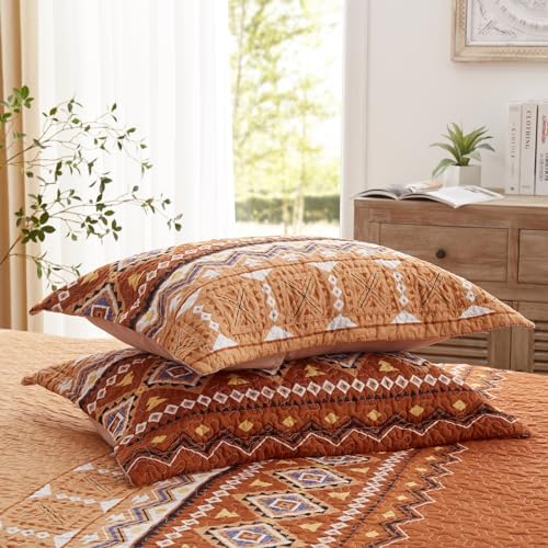 LEAONME 2 Pieces Twin Size Quilt Set Burnt Orange Rust Bohemian Bedspread Coverlet Lightweight Microfiber Bedding Set 68x86 Inch Bed Cover for All Seasons (1 Quilt, 1 Pillow Sham)