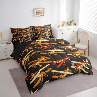 Erosebridal Cartoon Aircraft Comforter Set with Sheets King, Modern Airplane Bed in A Bag, Propeller Plane Black 7 Pcs Bedding Set for Kids Boys Men Bedroom Decor, Aviation Theme Bed Sets