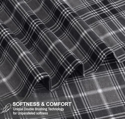 RUVANTI 100% Cotton Flannel Sheets Split King Size, Grey Plaid