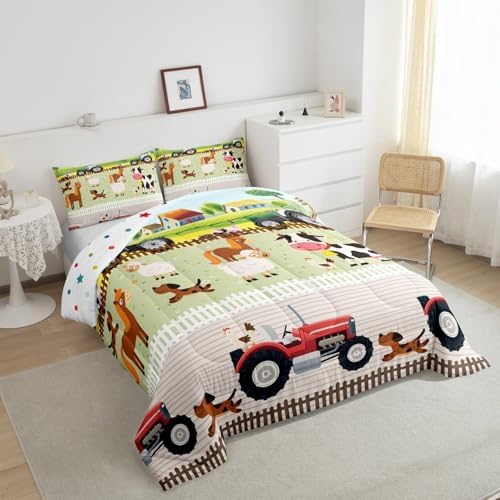 Tractor Bedding Sets for Boys Full Size Toddler Kids Cute Cartoon Farm Animals Comforter Set Girls Children Farmhouse Country Down Comforter for All Season Colorful Room Decor Nature Theme Duvet Set