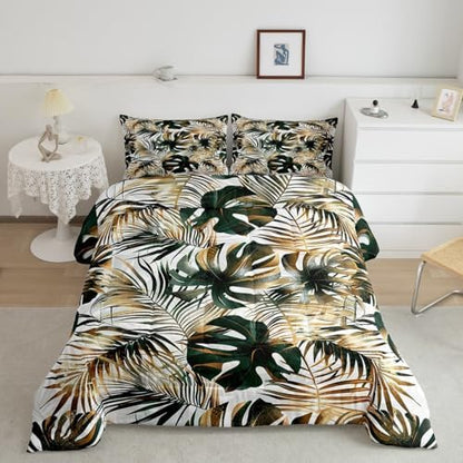 Gold Palm Tree Leaf Comforter Set Queen Tropical Botanical Bedding Set Watercolor Retro Plant Down Comforter For Kids Teens Men Women Jungle Nature Theme Quilt Duvet Set Dark Green 2 Pillow Cases