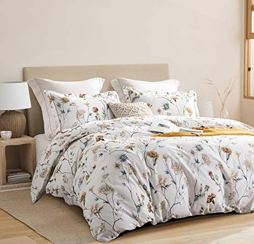 SLEEPBELLA Comforter Twin Size, 600 Thread Count Cotton White Printed with Blue & Blush Flowers Cotton Comforter Set,Down Alternative Bedding Set 2Pcs(Twin, White Floral)